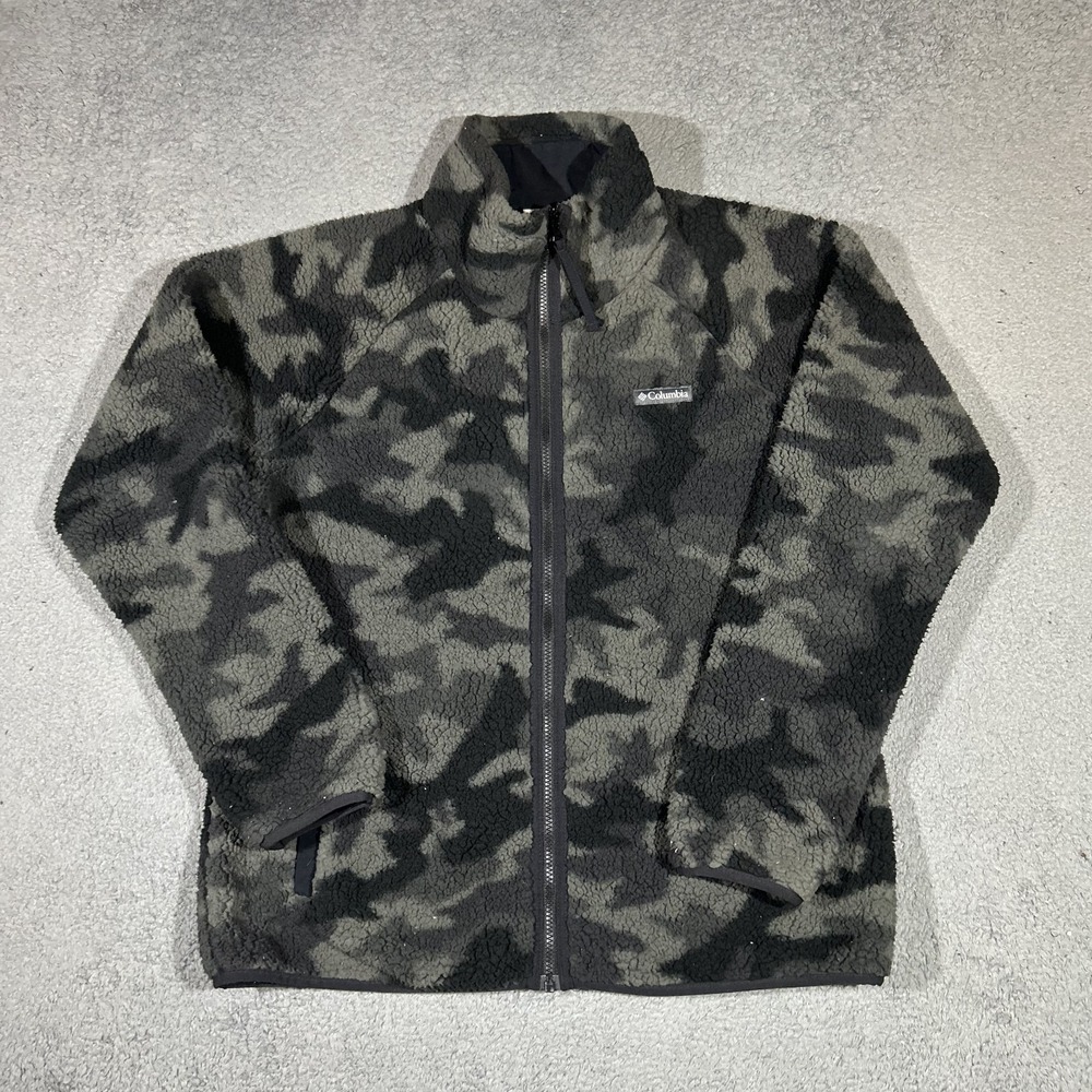 Columbia Mens Large Camo Fleece Jacket Full Zip Green Grey Camouflage XL0694